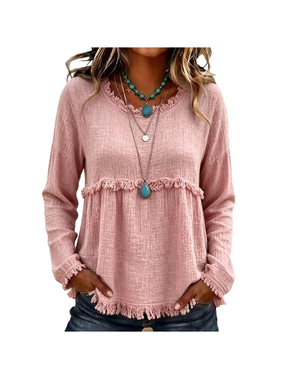 Boho Fringe Detail Long Sleeve Babydoll Blouse, Crew Neck Loose Casual Tunic Top, Raw Edge Fringed Pullover Shirts for Street & Office Wear, L