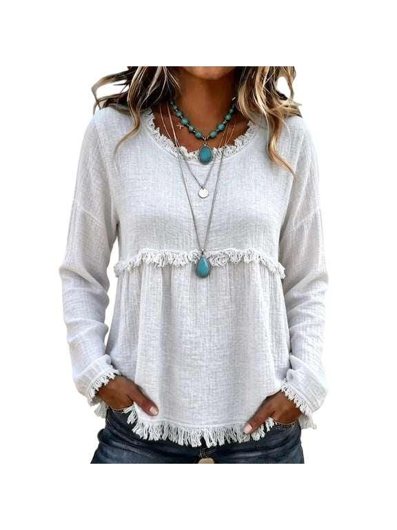 Boho Fringe Detail Long Sleeve Babydoll Blouse, Crew Neck Loose Casual Tunic Top, Raw Edge Fringed Pullover Shirts for Street & Office Wear, M