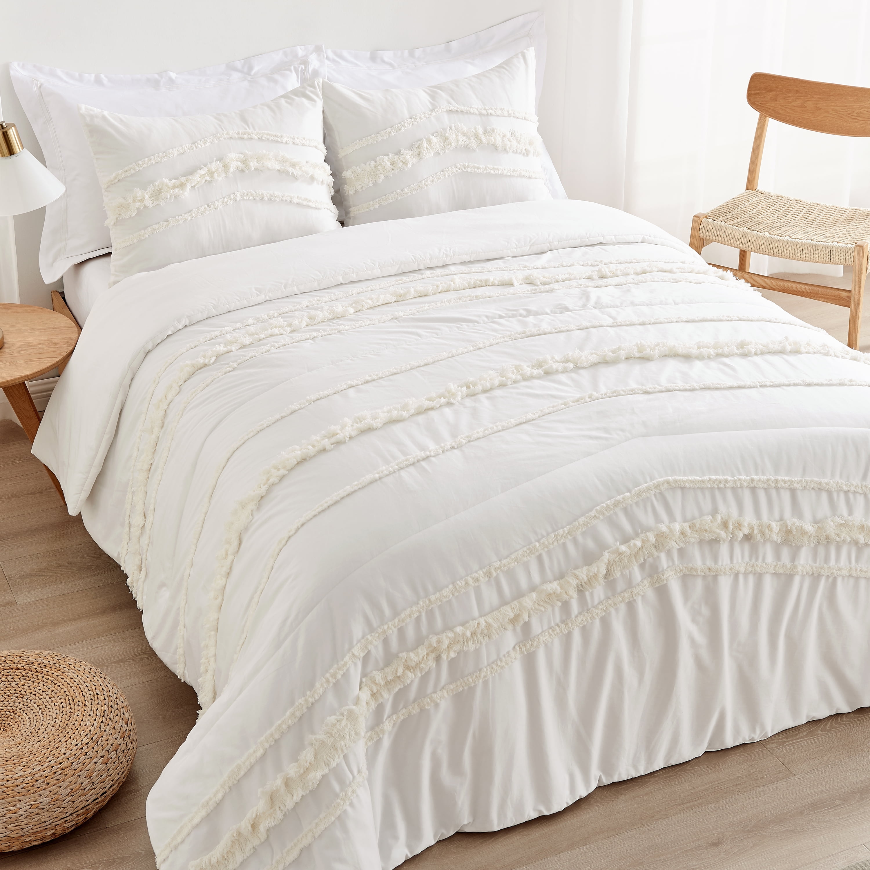Ivory Cotton Bohemian Full Comforter Set with Fringe