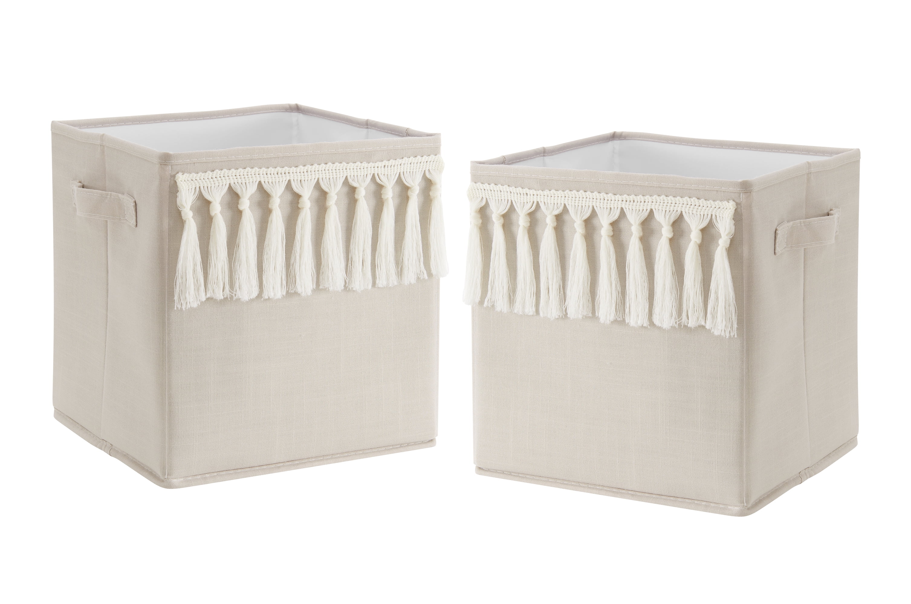 Taupe and Ivory Boho Fringe Foldable Fabric Storage Bins