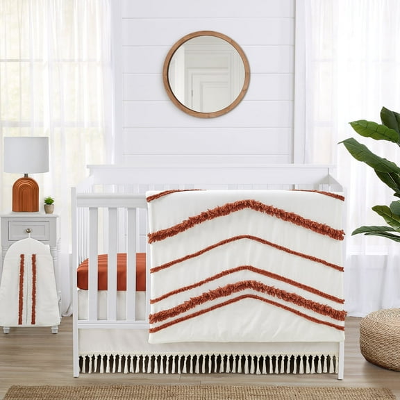 Sweet Jojo Designs Boho Fringe Rust Orange Ivory Off White 4 Piece Crib Bedding Set