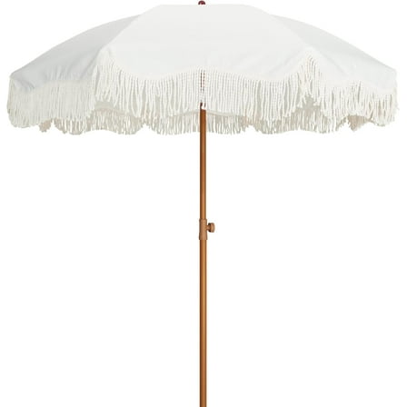 Boho Fringe Umbrella Outdoor Patio, 6.5ft UPF50+ Picnic Umbrella with Tassels with Steel Pole and Push Button Tilt, Antique White