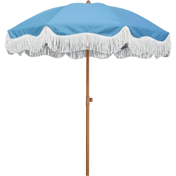Boho Fringe Umbrella Outdoor Patio, 6.5ft UPF50+ Picnic Umbrella with Tassels with Steel Pole and Push Button Tilt, Blue