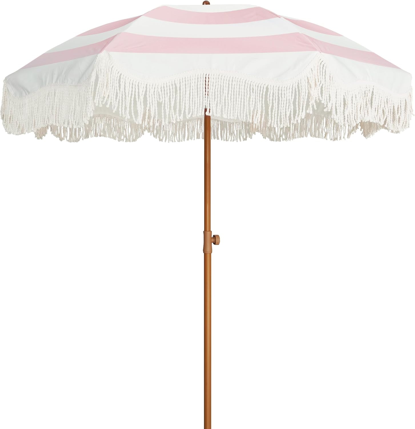 Boho Fringe Umbrella Outdoor Patio, 6.5ft UPF50+ Picnic Umbrella with Tassels with Steel Pole and Push Button Tilt, Pink Stripes