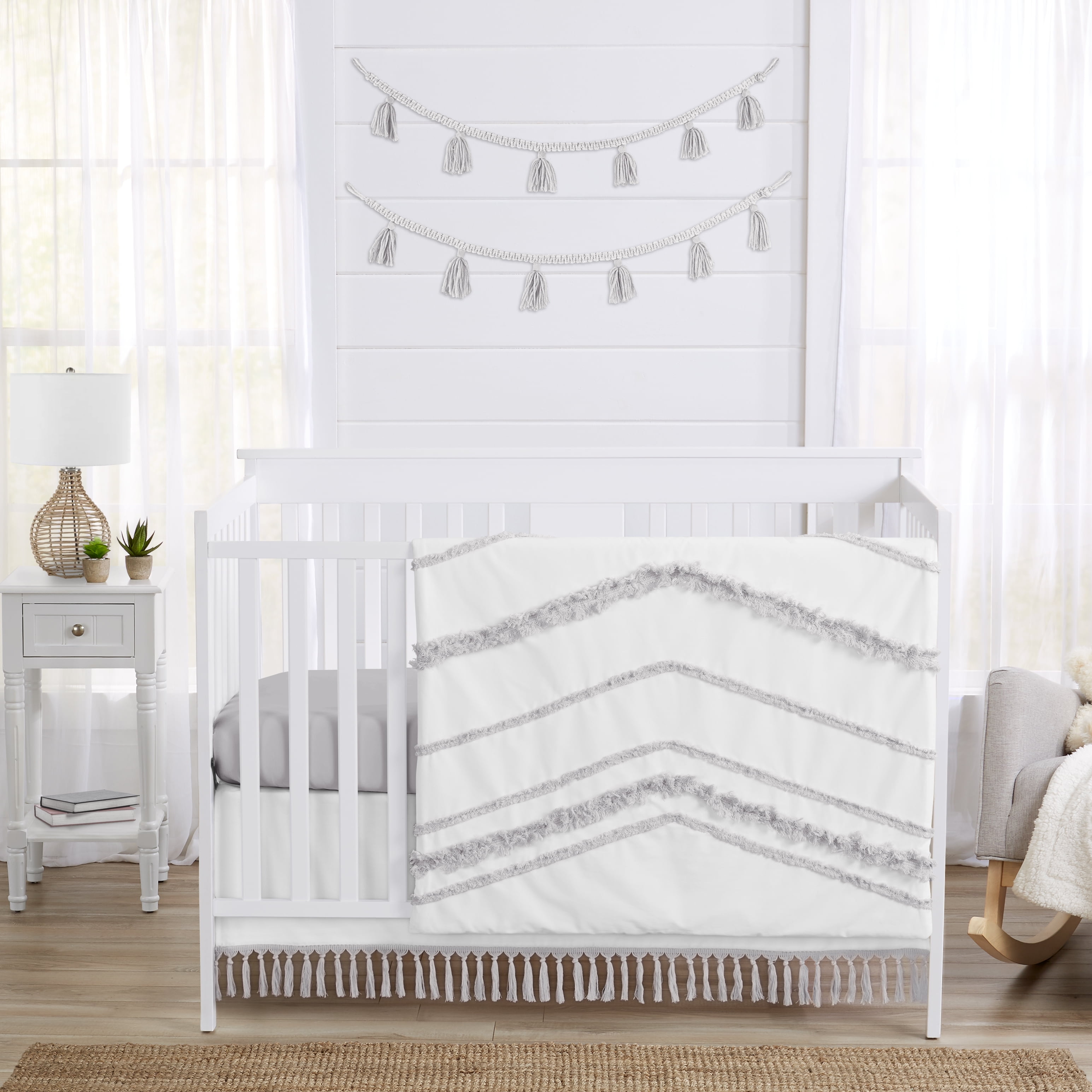 Boho Fringe White and Gray Cotton Baby Crib Bedding Set