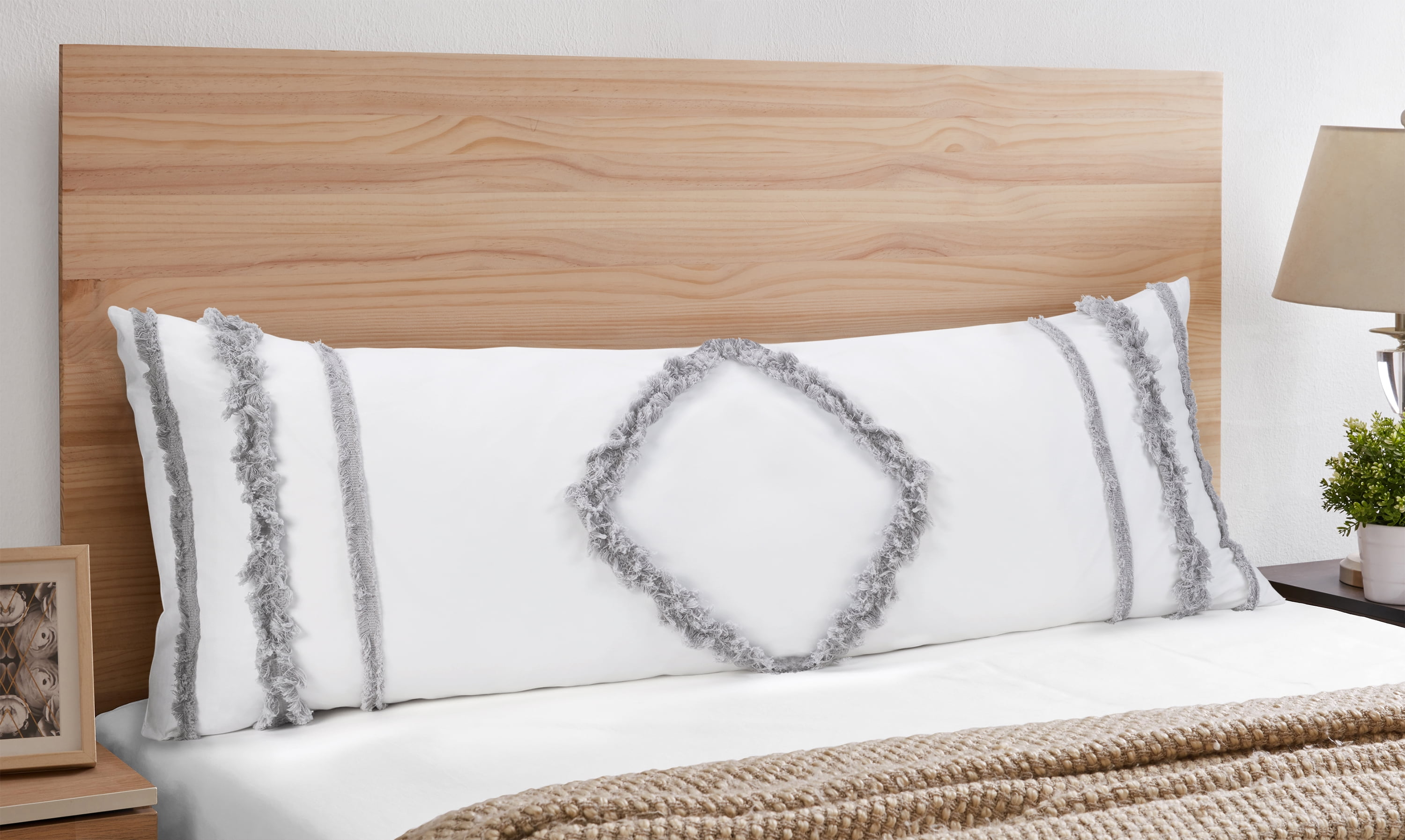 Boho Fringe White and Grey Cotton Body Pillow Cover
