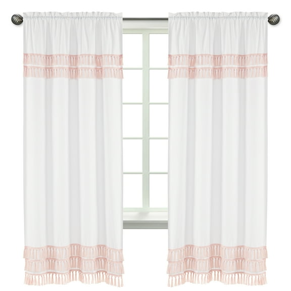 Boho Fringe White and Pink Semi-Sheer Rod Pocket Curtain Panels (Set of 2) by Sweet Jojo Designs