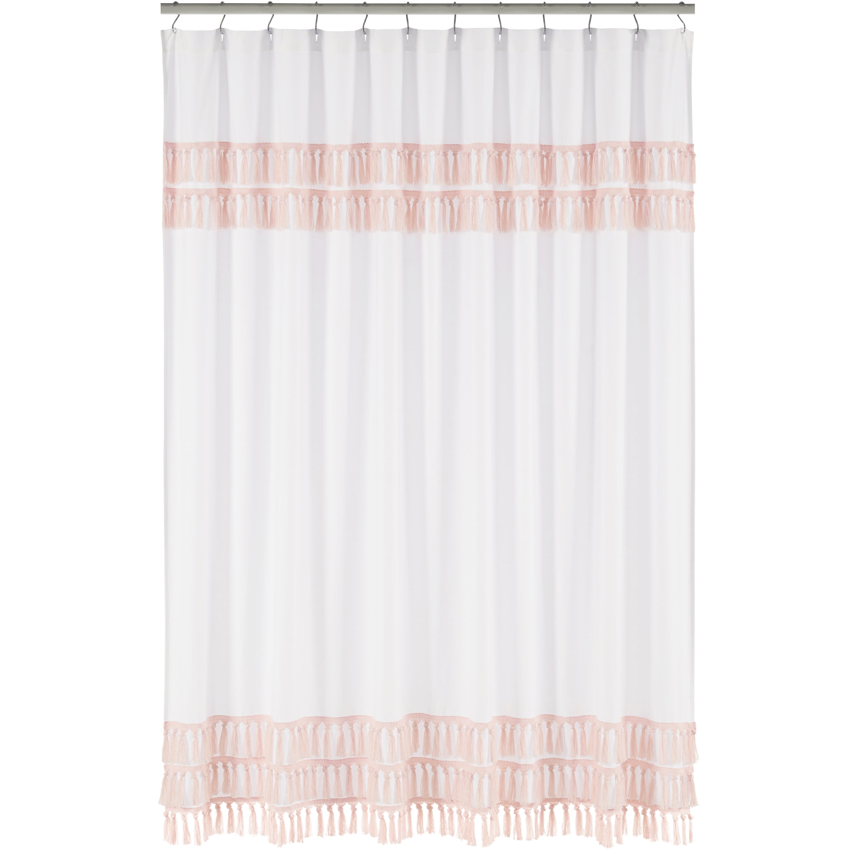 Boho White and Pink Cotton Shower Curtain with Fringe