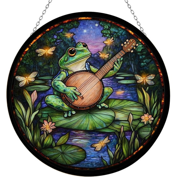 Boho Frog Playing A Banjo Stained Glass Window Hangings, Cat Butterfly Sunflower Handcrafted Stained Glass Suncatchers, Gift for Cat Lovers Nature Lovers