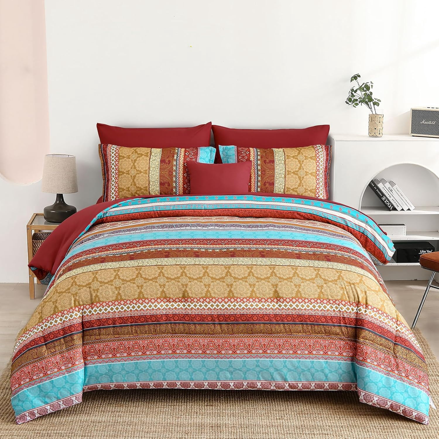 Boho Full 8 Piece Comforter Set, Red Striped Bohemian Bed in a Bag ...