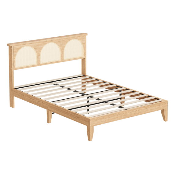 Boho Full Bed Frame, Solid Wood Bed with Natural Rattan Headboard & LED Lights, Wooden Platform Bed No Box Spring Needed, Storage Underneath, Sturdy Noise-Free Bed Frame, Easy Assembly