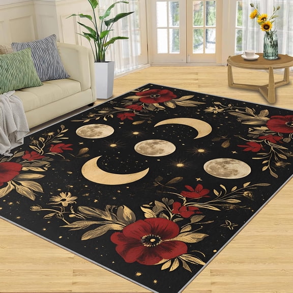 Boho Full Moon Area Rugs, Green Botanical Carpet, Washable Non Slip Low Pile Soft Rug for Living Room Bedroom Dining Room Home Office Decor Mat 2x3ft