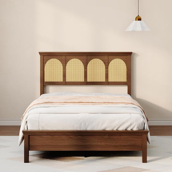 Boho Full Platform Bed Frame with Natural Rattan Woven Headboard – Storage Shelf & Underbed Storage – Silent Slats – Mid-Century Footboard – Full Size, Walnut