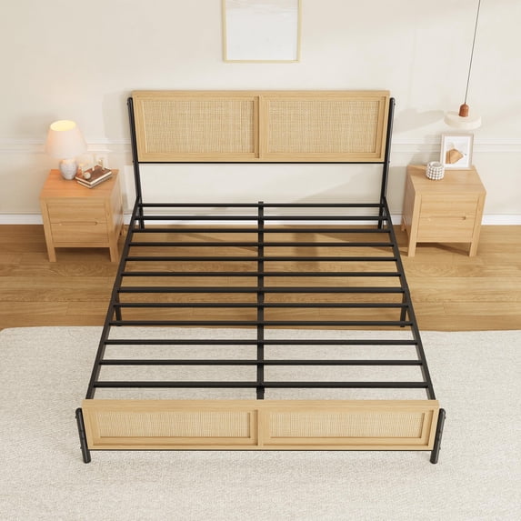 Boho Full/Queen/King Size Platform Bed Frame - Natural Rattan Headboard & Footboard, Wooden Mattress Foundation, Noise-Free & No Box Spring Needed