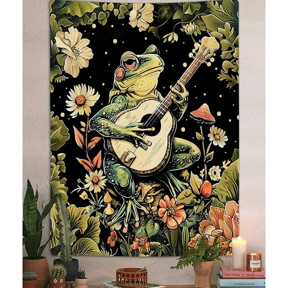 Boho Funny Frog Vertical Tapestry, Vintage Dark Green Floral Music Tapestry Wall Hanging for Bedroom Aesthetic, Retro Hippie Tapestries Poster Blanket College Dorm Decor (40X60)