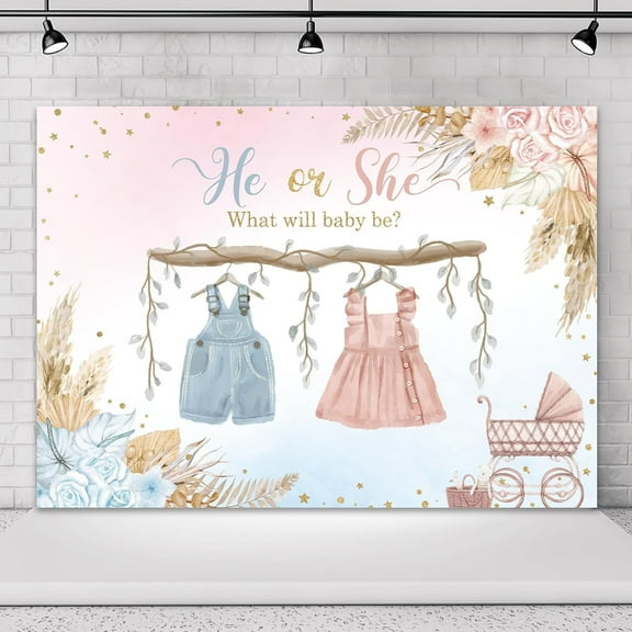 He or She Boho Gender Reveal Backdrop for Photography Baby Shower Pink Blue Gender reveal Decorations Watercolor Floral Background Party Cake Table Banner Decor Photo Booth Studio Props