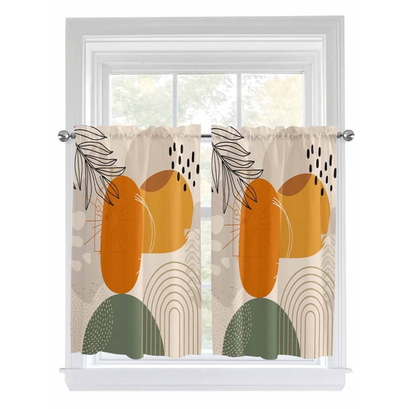 Boho Geometric 2 Panel Kitchen Curtains for Windows, Middle Century Abstract Leaves Stripes Bathroom Privacy Curtain, Home Décor Window Treatment for Bedroom/Living Room 55"x45"