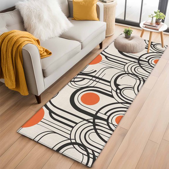 Boho Geometric 2'x6' Runner Rugs for Hallway Kitchen Bedside Non Slip Washable, Modern Abstract Orange Sun on Linen Entryway Rug Runners with Rubber Backing, Long Carpet Runner for Laundry Room