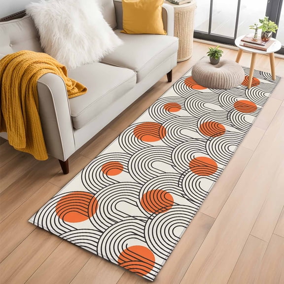 Boho Geometric 2'x6' Runner Rugs for Hallway Kitchen Bedside Non Slip Washable, Modern Abstract Orange Sun Lines Beige Entryway Rug Runners with Rubber Backing, Long Carpet Runner for Laundry Room