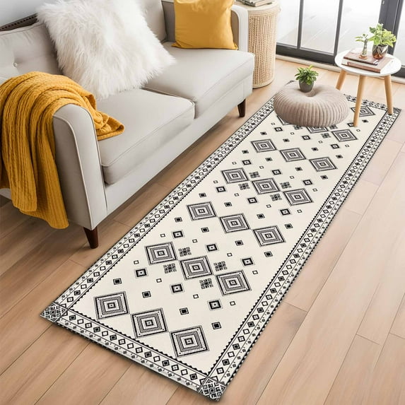 Boho Geometric 2'x6' Runner Rugs for Hallway Kitchen Bedside Non Slip Washable, Simple Farmhouse Nation Abstract Motifs Entryway Rug Runners with Rubber Backing, Long Carpet Runner for Laundry Room