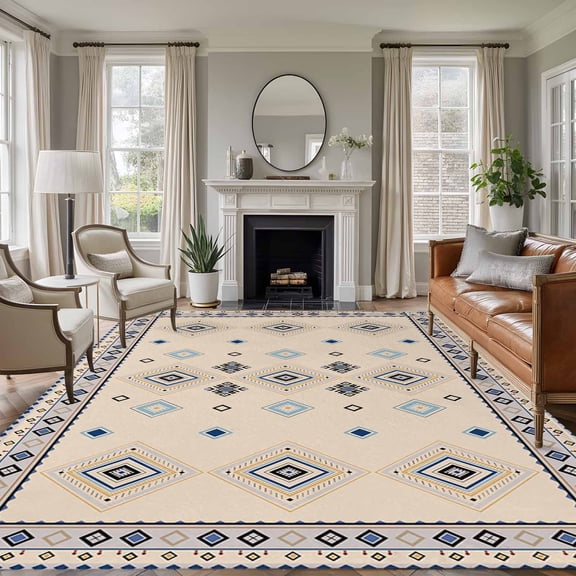 Boho Geometric 6'x9' Area Rug for Living Room, Retro Rustic Chic Ethnic Abstract Patterned Floor Mat Rugs for Bedroom Dining Room, Indoor Large Carpet for Classroom, Nursery Rugs for Playroom