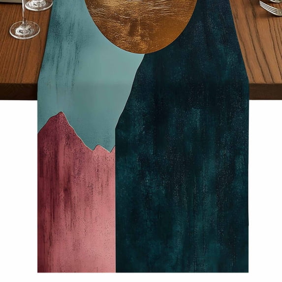 Boho Geometric 60 Inch Table Runner, Modern Abstract Gold Circle Art ...