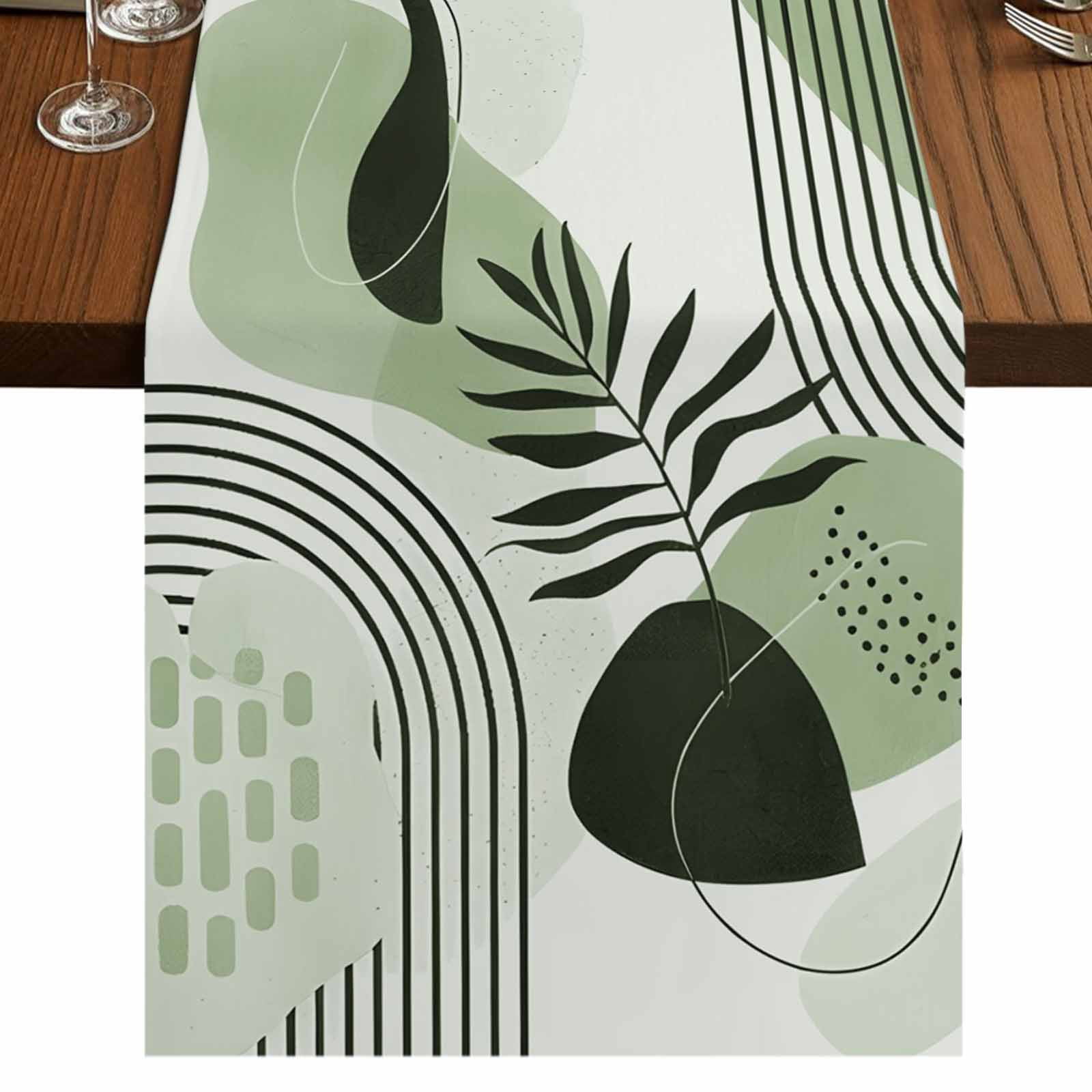 Boho Geometric 90 Inch Table Runner, Farmhouse Green Abstract Stripes ...