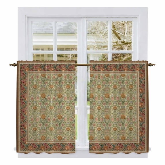 Boho Geometric Abstract Floral Kitchen Curtain for Berdoom Living Room Cafe 54 Inch Length, Vintage Ethnic Flower Textured Tiers Curtains Light Filtering Drapes Window Treatment 2 Panels 52"Wx54"L