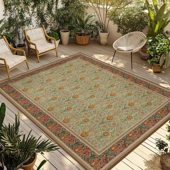 Boho Geometric Abstract Floral Outdoor Rug for Patio/Deck/Porch, Non-Slip Large Area Rug 6 x 9 Ft, Vintage Ethnic Flower Textured Indoor Outdoor Rugs Washable Area Rugs, Camping Rug Carpet Runner