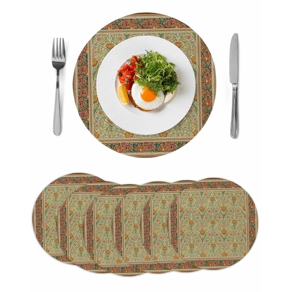 Boho Geometric Abstract Floral Round 13 Inch Placemats Set of 6, Vintage Ethnic Flower Textured HeatResistant Non Slip Place Mats for Dining Table, Wipeable Kitchen Table Mats for Housewarming