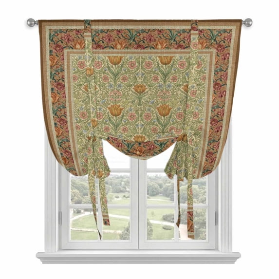 Boho Geometric Abstract Floral Tie Up Curtains for Windows, Adjustable Balloon Window Shades, Vintage Ethnic Flower Textured Kitchen Window Treatments Farmhouse Short Curtains with Rod Pocket 42"x45"
