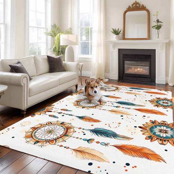 Boho Geometric Area Rug 5x8 FT, Non Slip Bedroom Throw Carpet, Ethnic Feathers Patterns Retro Farmhouse Washable Soft Floor Carpet Non-Shedding Rug for Living Room Nursery Dorm Office