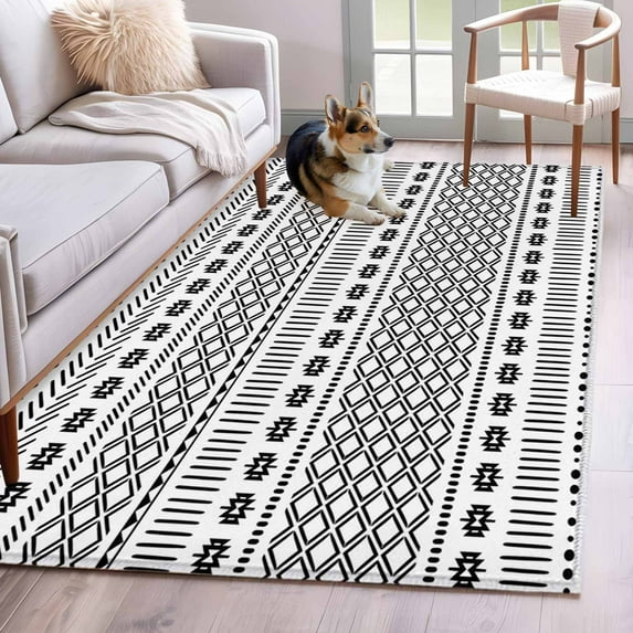 Boho Geometric Area Rugs 2.7'x5', Washable Small Throw Rugs for Kitchen Bedroom, Modern Abstract Art Plaid Striped Indoor Outdoor Rug Non-Slip Low Pile Carpet Runner Reversible Floor Mats
