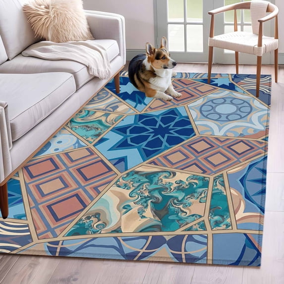 Boho Geometric Area Rugs 2.7'x5', Washable Small Throw Rugs for Kitchen Bedroom, Southwest Abstract Traditional Art Indoor Outdoor Rug Non-Slip Low Pile Carpet Runner Reversible Floor Mats