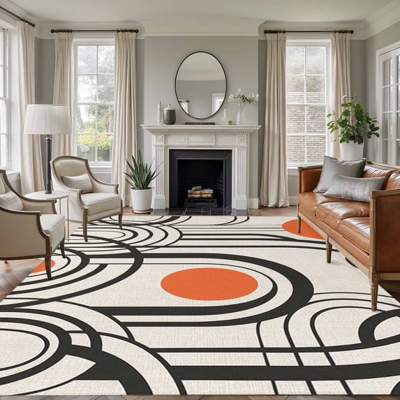 Boho Geometric Area Rugs 8'x10', Washable Small Throw Rugs for Living Room Patio, Modern Abstract Orange Sun on Linen Indoor Outdoor Rug Non-Slip Low Pile Carpet Runner Reversible Floor Mats