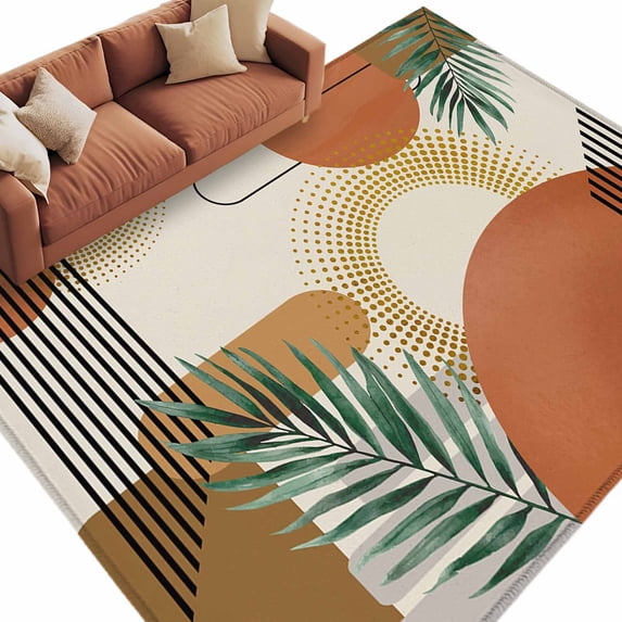 Boho Geometric Area Rugs Collection 6'x9', Farmhouse Orange Abstract Leaves Stripes Non Slip Indoor Rectangle Throw Runner Rug Floor Mat Carpet for Living Room Dining Table Bedroom Nursery