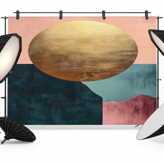 Boho Geometric Backdrop for Photography, Fabric Photo Background Backdrop, Modern Abstract Gold Circle Art Photo Booth Background for Portrait Photoshoot Video Wedding Studio Decoration Banner 7x5ft
