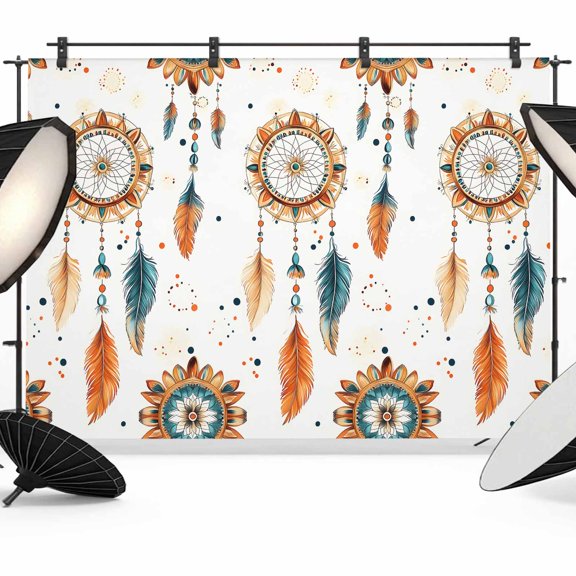 Boho Geometric Backdrop for Photoshoot,Photography Photo Studio Background Wall Backdrop,Ethnic Feathers Patterns Retro Farmhouse Back Drop Banner Panel for Portraits Wedding Live Streaming 7x5Ft