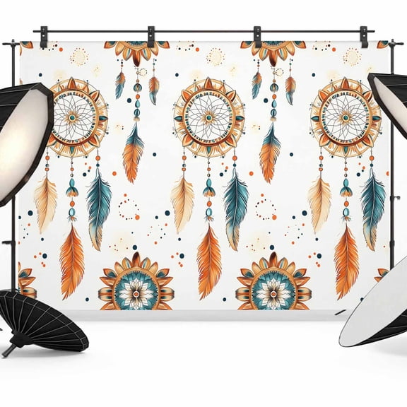 Boho Geometric Backdrop for Photoshoot,Photography Photo Studio Background Wall Backdrop,Ethnic Feathers Patterns Retro Farmhouse Back Drop Banner Panel for Portraits Wedding Live Streaming 12x8Ft