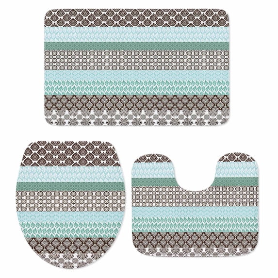 Boho Geometric Bath Mat 3 Piece Bathroom Rug Set, Turquoise Green Brown Tribal Stripes Non Slip Bath Rug Contour Mat and Toilet Lid Cover, Absorbent Shower Mats Soft Bath Rugs and Mats Sets