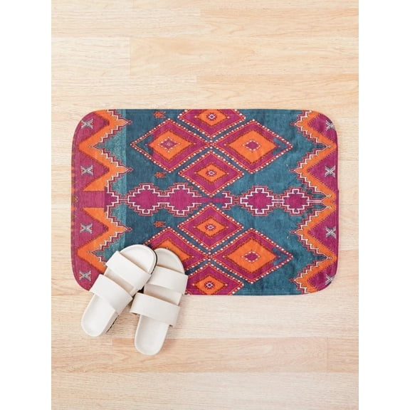 Boho Geometric Bath Mat, Moroccan Inspired Abstract Pattern Bathroom Rug, Teal Orange Vintage Style Floor Mat