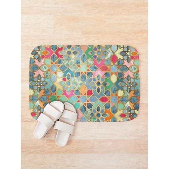 Boho Geometric Bath Mat, Multicolor Moroccan Tile Floor Mat, Rounded Corner Accent Rug, 15.7 x 23.6 in or 19.7 x 31.5 in