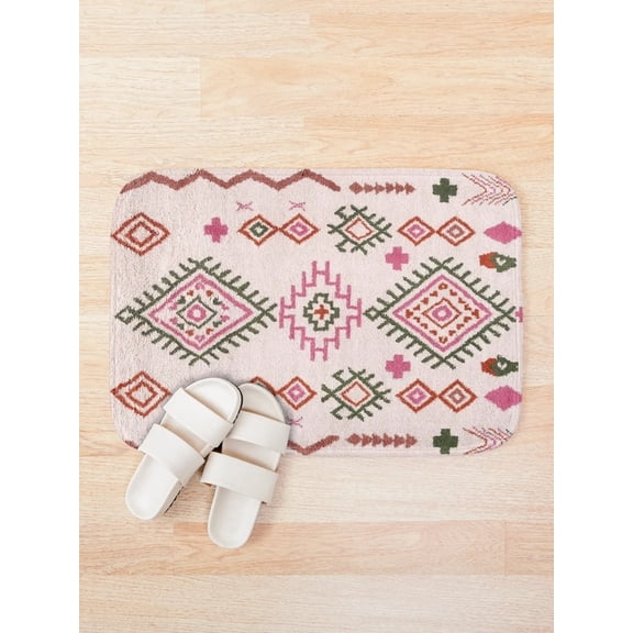 Boho Geometric Bath Mat, Vintage Moroccan Inspired Pattern Rug for Bathroom, Cream Pink Olive, 15.7 x 23.6 or 19.7 x 31.5 in