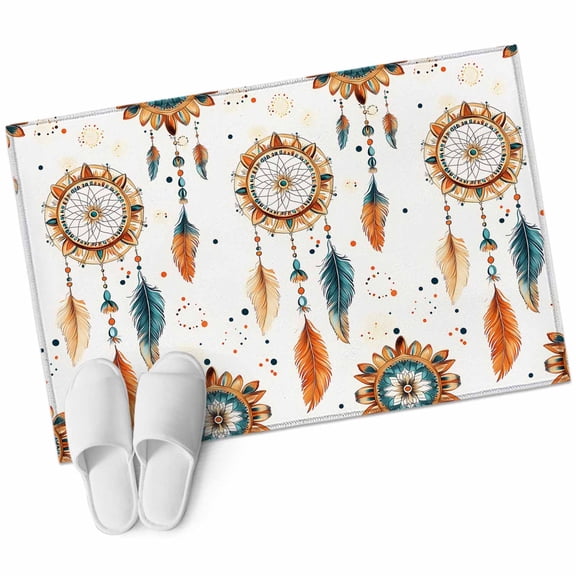 Boho Geometric Bathroom Mat 2x3 FT, Non Slip Small Kitchen Mat, Ethnic Feathers Patterns Retro Farmhouse Washable Soft Backed Front Door Throw Rug Indoor Outdoor Doormat for Entryway Sink