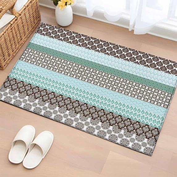 Boho Geometric Bathroom Mats 2x3 FT, Non Slip Small Kitchen Mat, Turquoise Green Brown Tribal Stripes Washable Soft Backed Front Door Throw Rugs Non-Shedding Indoor Outdoor Doormat for Entryway Sink