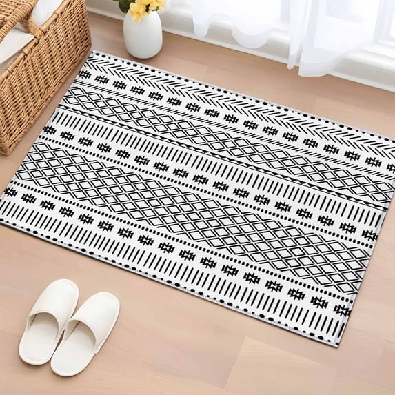 Boho Geometric Bathroom Rug Washable 2x3 Entryway Rug Non Slip Modern Abstract Art Plaid Striped Front Door Mat Low Pile Indoor Doormat Throw Floor Carpet for Kitchen Bedroom Entrance