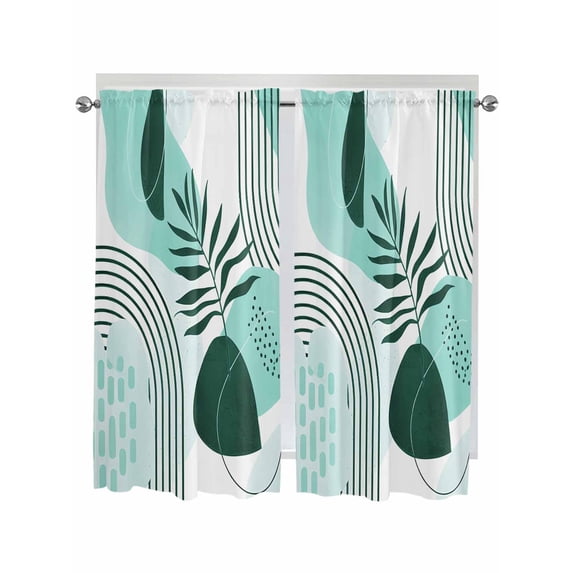 Boho Geometric Bathroom Window Curtain, Aqua Ethnic Abstract Stripes Leaves Light Filtering Coffee Kitchen Curtains, Bedroom Living Room Curtains 2 Panel 84"x63"