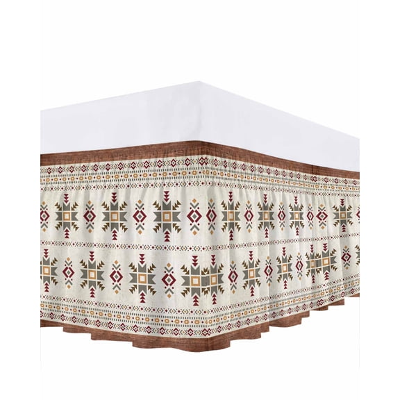 Boho Geometric Bed Skirt Cal King Size,Modern Brown Abstract Art Western Southwest Wrap Around Bed Skirting with Adjustable Elastic Strap,Dust Ruffled Pleated Bedskirts 18 Inch Drop for Bedroom Beds