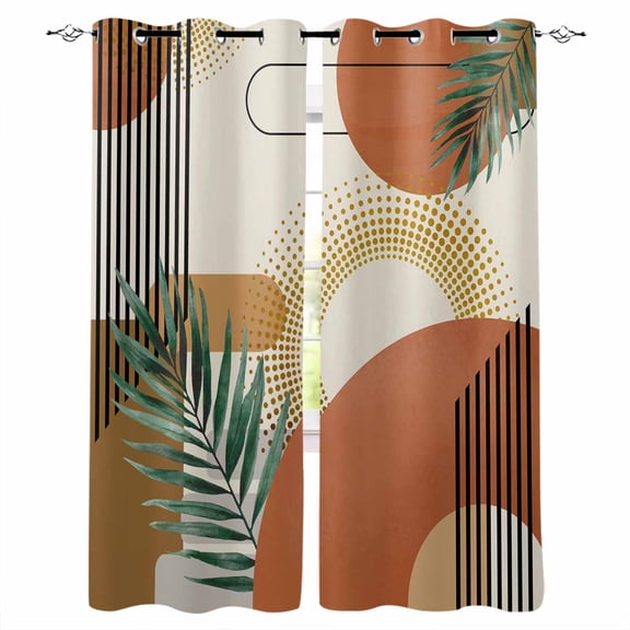 Boho Geometric Blackout Curtains for Bedroom, Thermal Insulated Window Treatment, Farmhouse Orange Abstract Leaves Stripes Grommet Top Blackout Draperies and Drapes for Basement 27.5"x39" 2 Panels