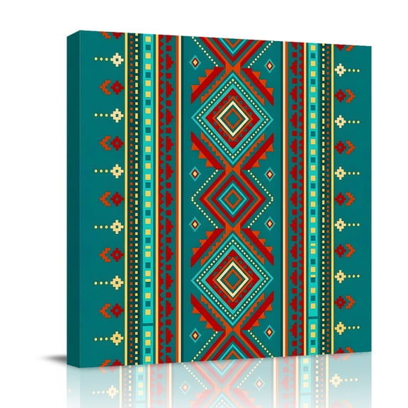 Boho Geometric Canvas Wall Art for Living Room, Retro Tribal Ethnic Argyle Teal Orange Stripe Wall Decor Framed Artwork Pictures Ready to Hang for Bedroom Office Home Decor